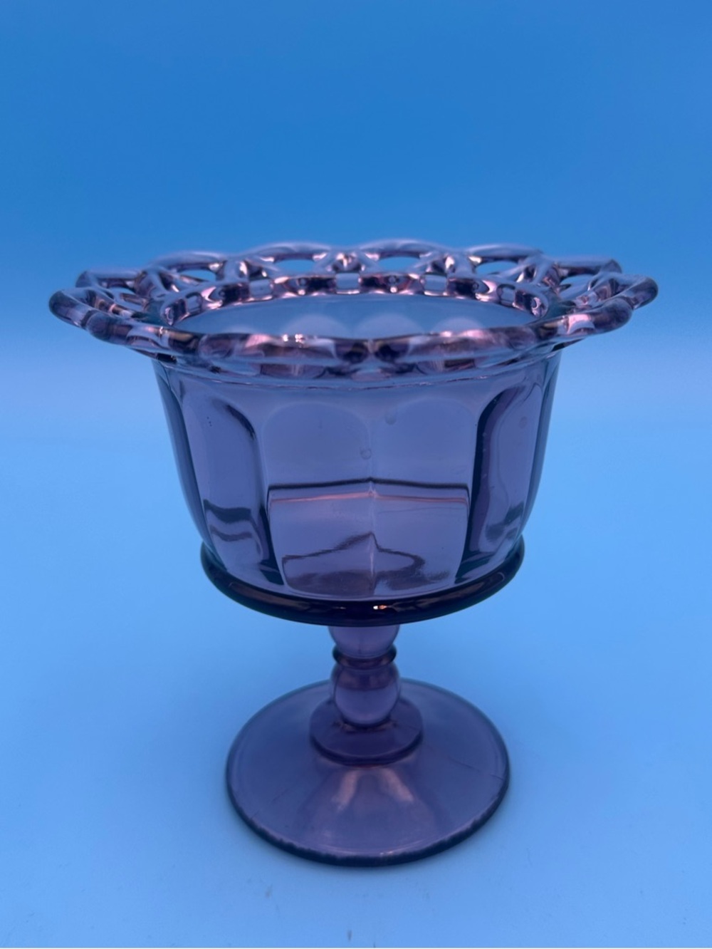 Vintage Imperial Glass Purple Amethyst Lace Edge Lidded Pedestal Candy Dish